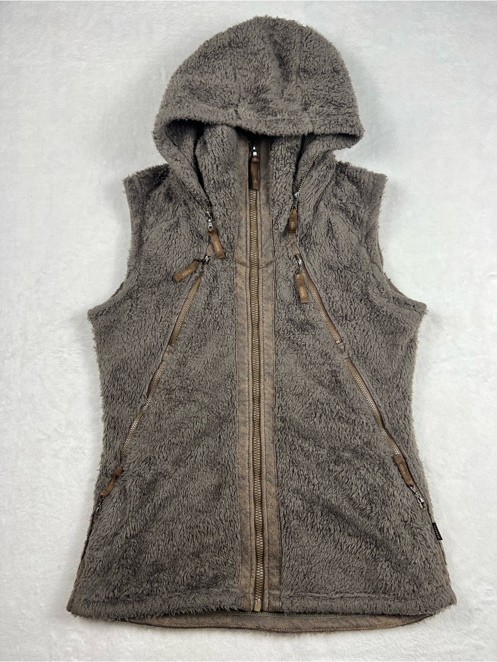 KUHL Flight Vest Womens Small Taupe Sherpa Fleece Stowaway Hood Full Zip 2056